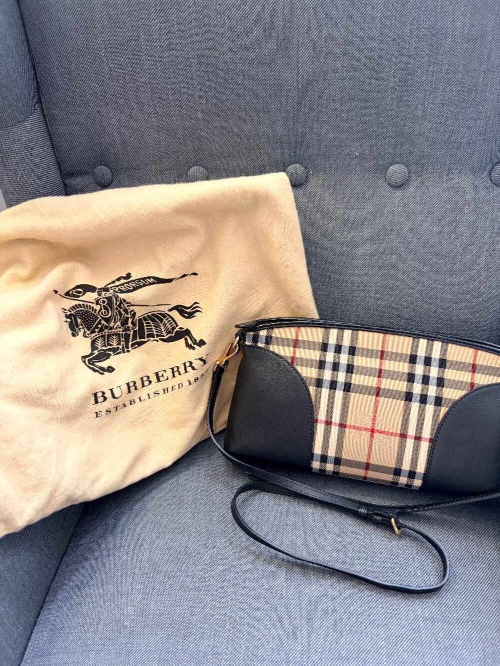 Burberry Haymarket Check Crossbody Bag Black Leather Trim Gold Hardware
